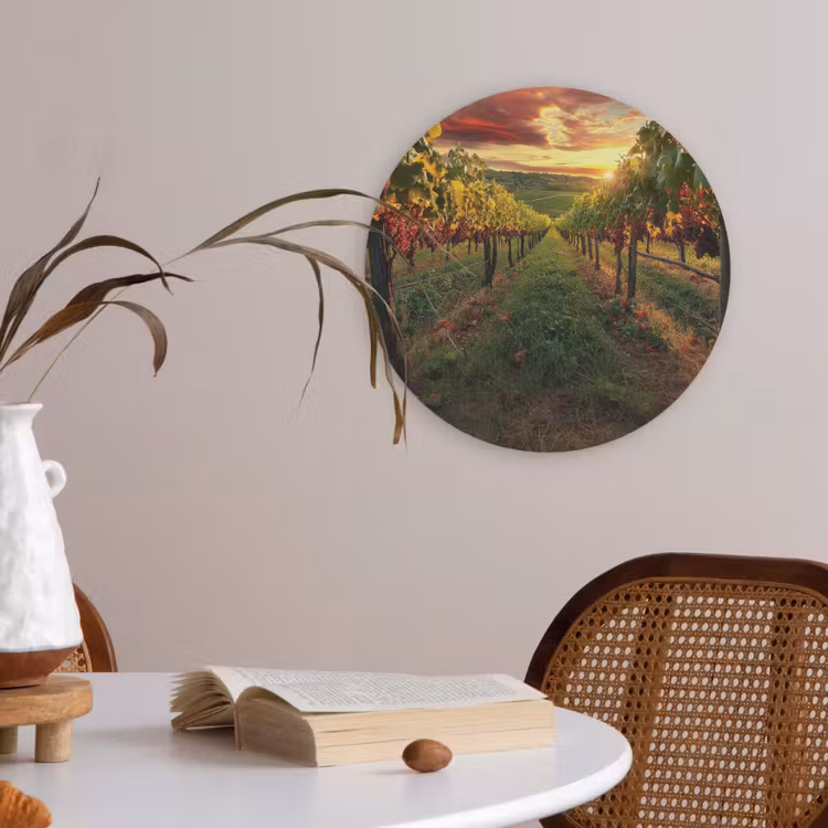 Wijngaard - Druiven - Zonsondergang Akoestische PET Vilt - Rond klein -sfeer3