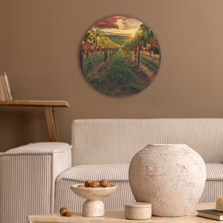 Wijngaard - Druiven - Zonsondergang Akoestische PET Vilt - Rond klein -sfeer1