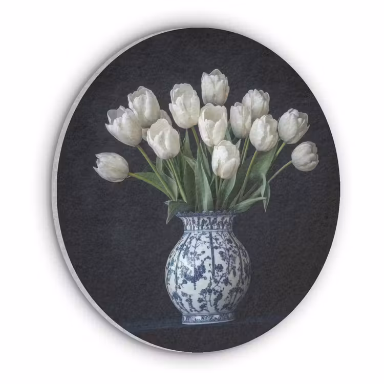 Wit - Bloemen - Tulpen - Vaas Akoestische PET Vilt - Rond klein -3d