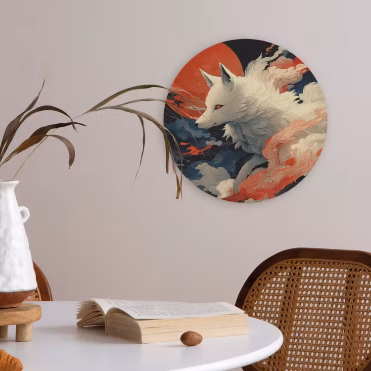 Witte vos - wolken - maan Akoestische PET Vilt - Rond klein -sfeer3