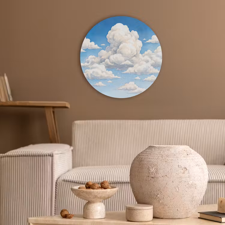 Wolken - Blauwe lucht - Natuur - Modern - Wit Akoestische PET Vilt - Rond klein -sfeer1