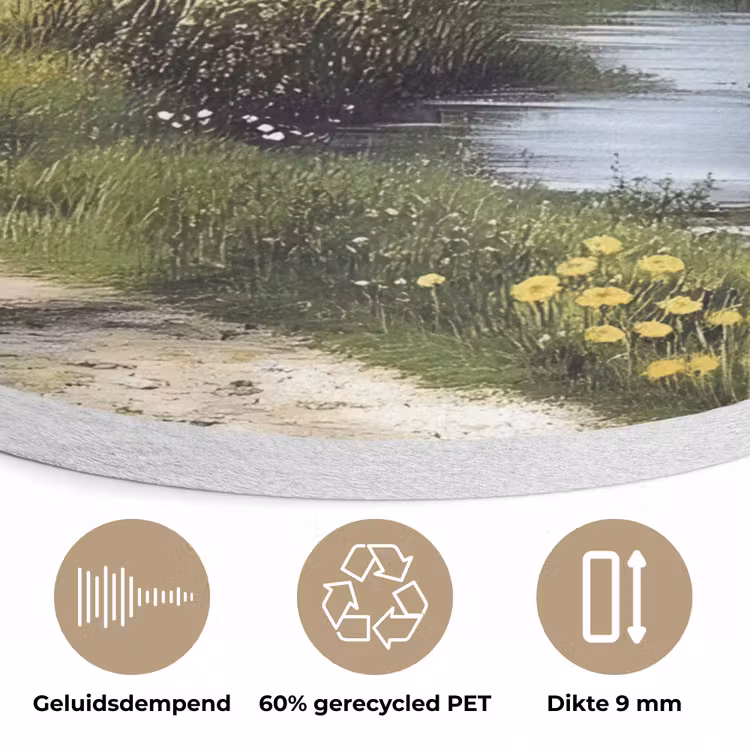 Zandpad - Groen landschap - Water Akoestische PET Vilt - Rond klein -closeup_NL