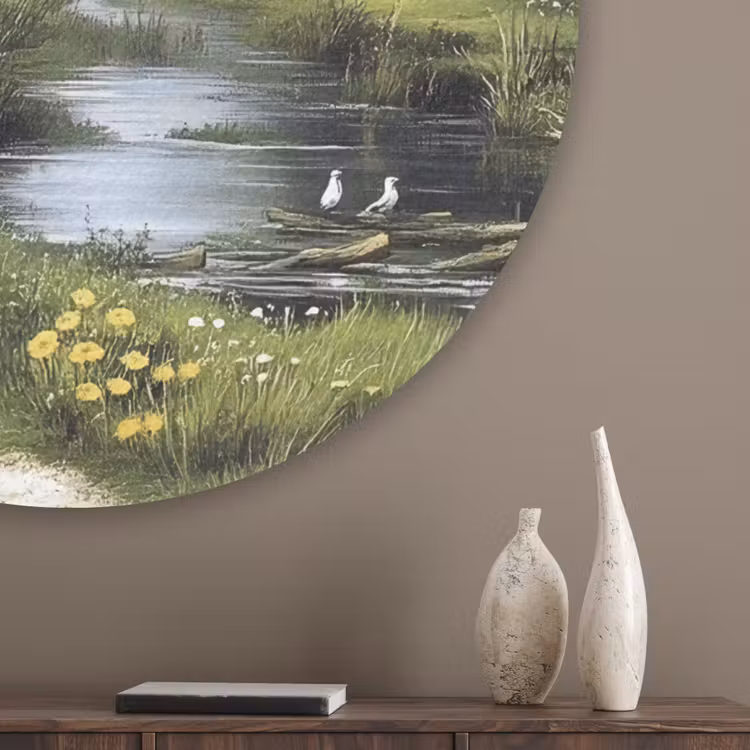 Zandpad - Groen landschap - Water Akoestische PET Vilt - Rond klein -sfeer5_closeup