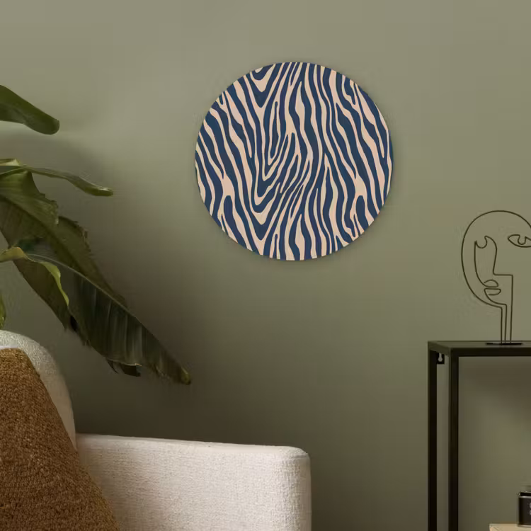 Zebra - Patroon - Blauw - Beige Akoestische PET Vilt - Rond klein 838 -sfeer2