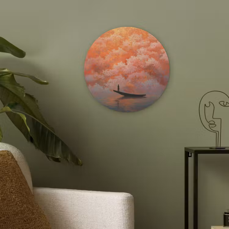 Zee - Boot - Wolken - Oranje Akoestische PET Vilt - Rond klein -sfeer2