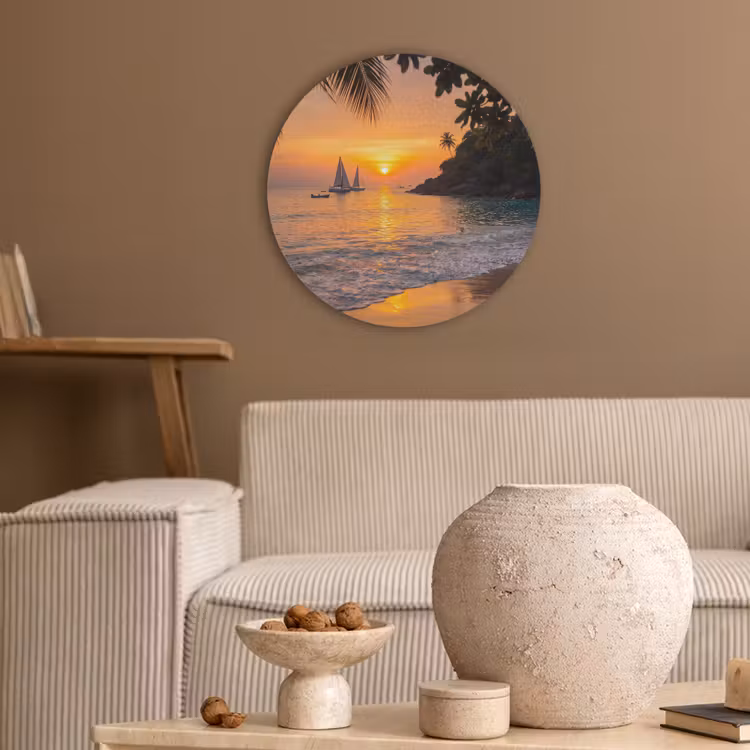 Zee - Zonsondergang - Boot - Natuur - Oranje Akoestische PET Vilt - Rond klein -sfeer1