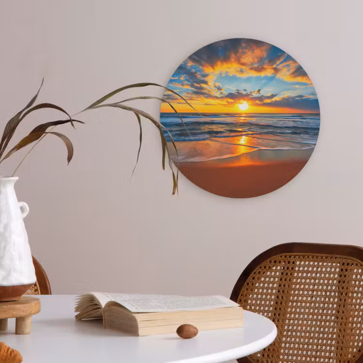 Zee - Zonsondergang - Strand - Wolken - Oranje Akoestische PET Vilt - Rond klein -sfeer3
