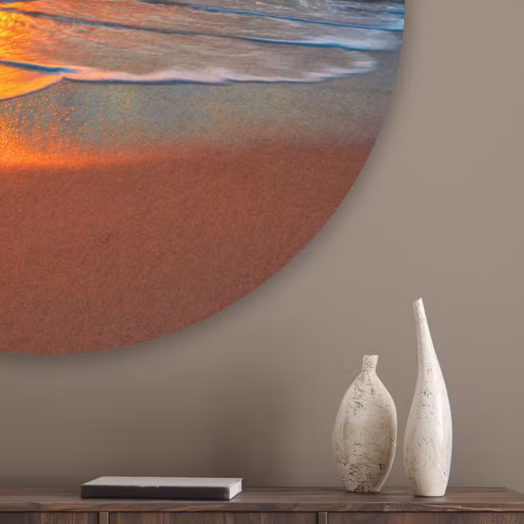 Zee - Zonsondergang - Strand - Wolken - Oranje Akoestische PET Vilt - Rond klein -sfeer5_closeup