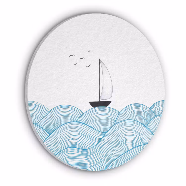Zeilboot - Golven - Zee - Illustratie - Blauw Akoestische PET Vilt - Rond klein -3d