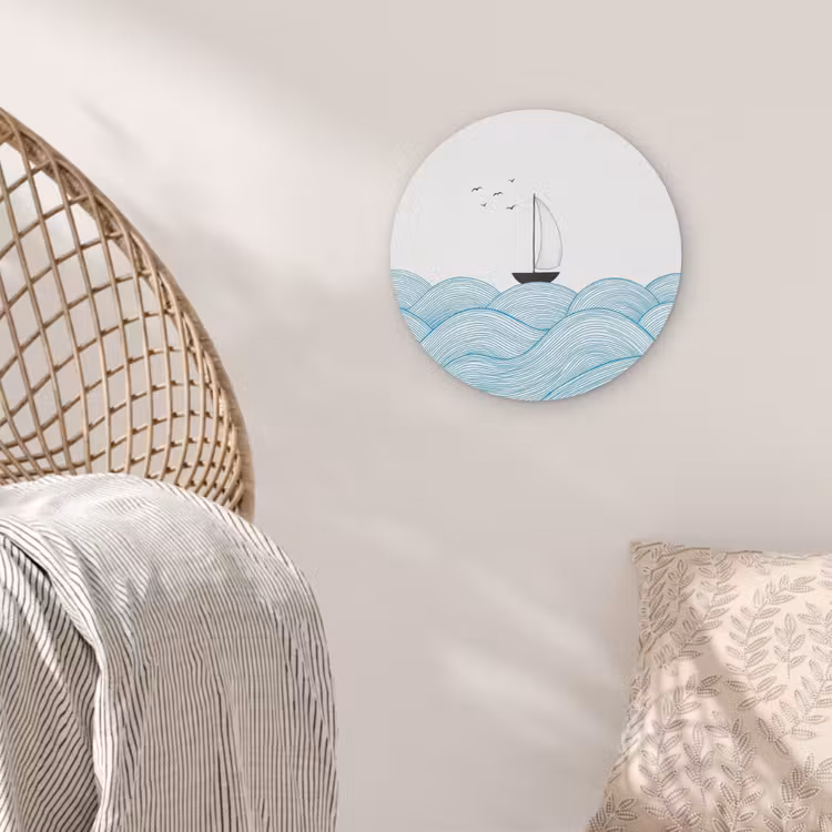 Zeilboot - Golven - Zee - Illustratie - Blauw Akoestische PET Vilt - Rond klein -sfeer4