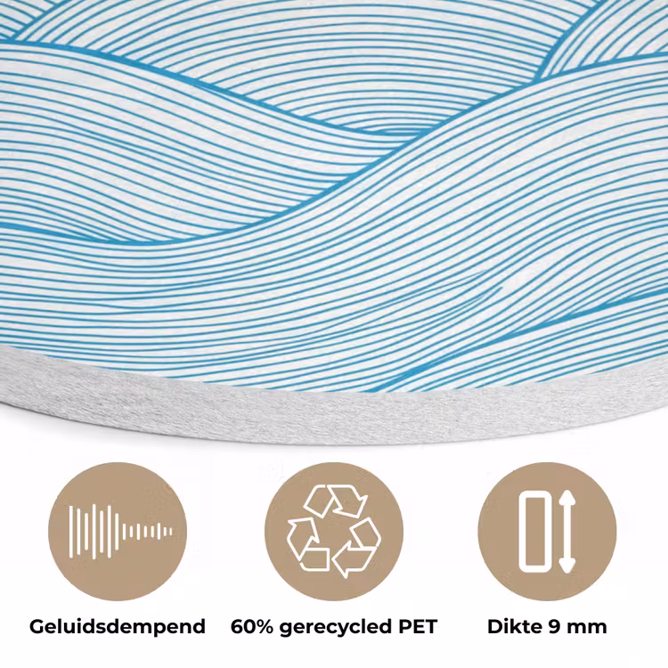 Zeilboot - Golven - Zee - Illustratie - Blauw Akoestische PET Vilt - Rond klein -closeup_NL