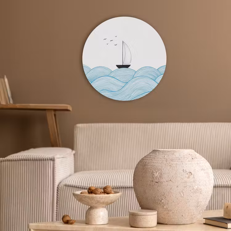 Zeilboot - Golven - Zee - Illustratie - Blauw Akoestische PET Vilt - Rond klein -sfeer1