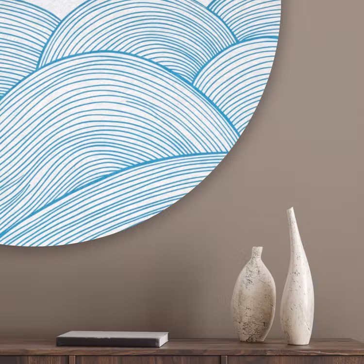Zeilboot - Golven - Zee - Illustratie - Blauw Akoestische PET Vilt - Rond klein -sfeer5_closeup