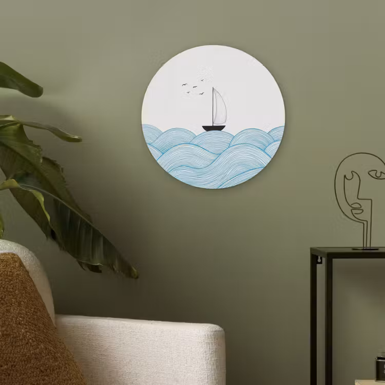 Zeilboot - Golven - Zee - Illustratie - Blauw Akoestische PET Vilt - Rond klein -sfeer2