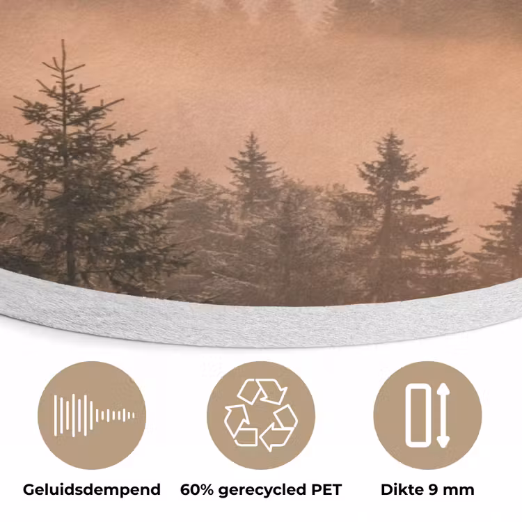 Zonlicht - Mist - Bergen - Bomen Akoestische PET Vilt - Rond klein -closeup_NL