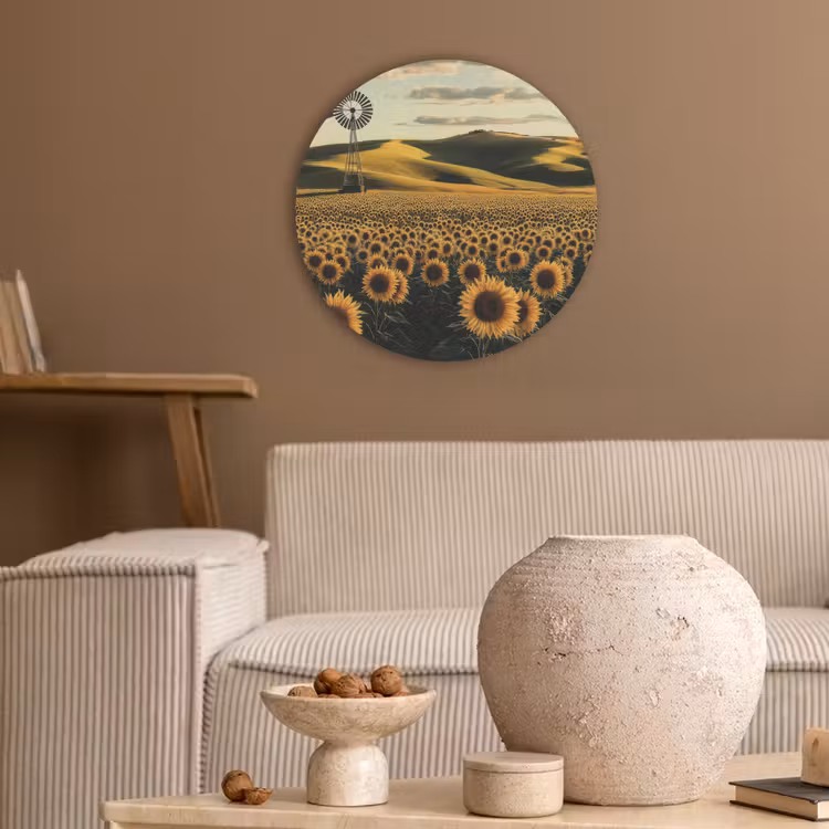 Zonnebloem - Veld - Windmolen Akoestische PET Vilt - Rond klein -sfeer1