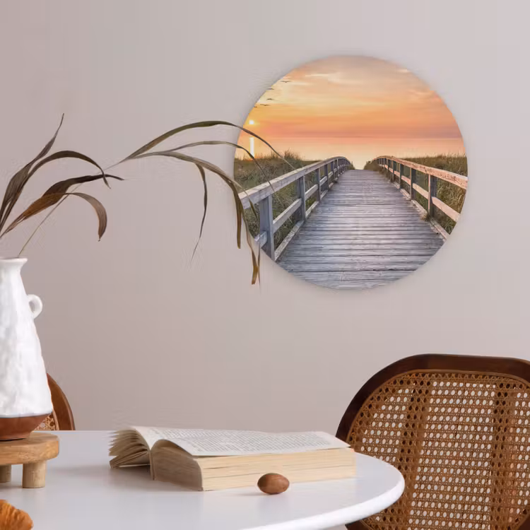 Zonsonderang - Zee - Pad - Gras - Duin - Vogels Akoestische PET Vilt - Rond klein -sfeer3