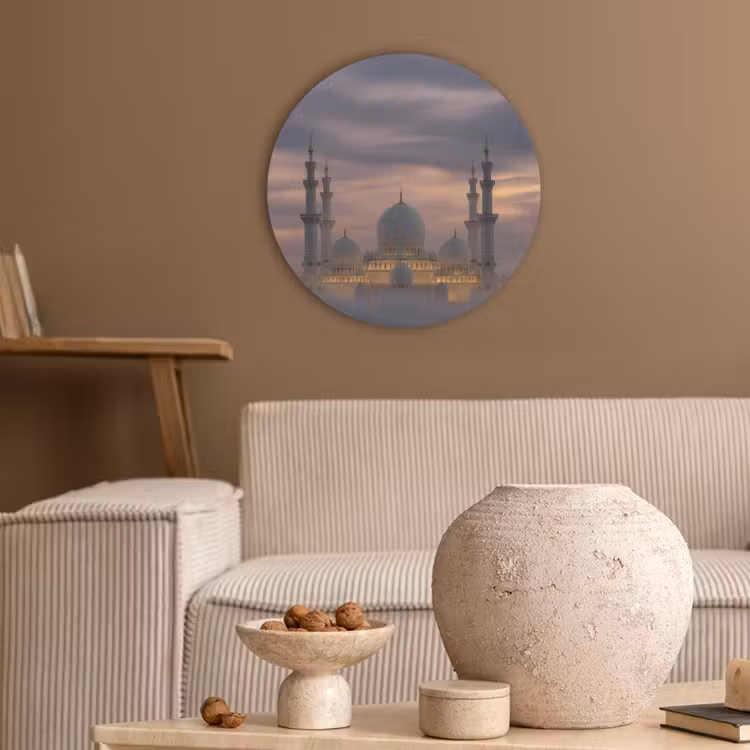 Zonsondergang - Moskee - Wolken - Islamitisch Akoestische PET Vilt - Rond klein -sfeer1