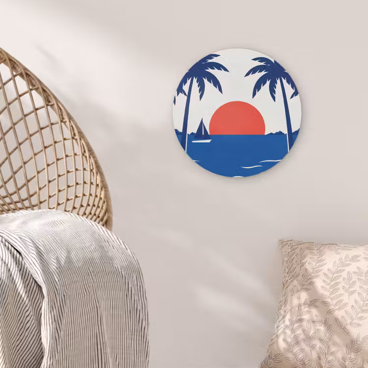 Zonsondergang - Zee - Palmboom - Tropisch - Modern Akoestische PET Vilt - Rond klein -sfeer4