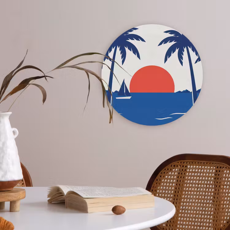 Zonsondergang - Zee - Palmboom - Tropisch - Modern Akoestische PET Vilt - Rond klein -sfeer3