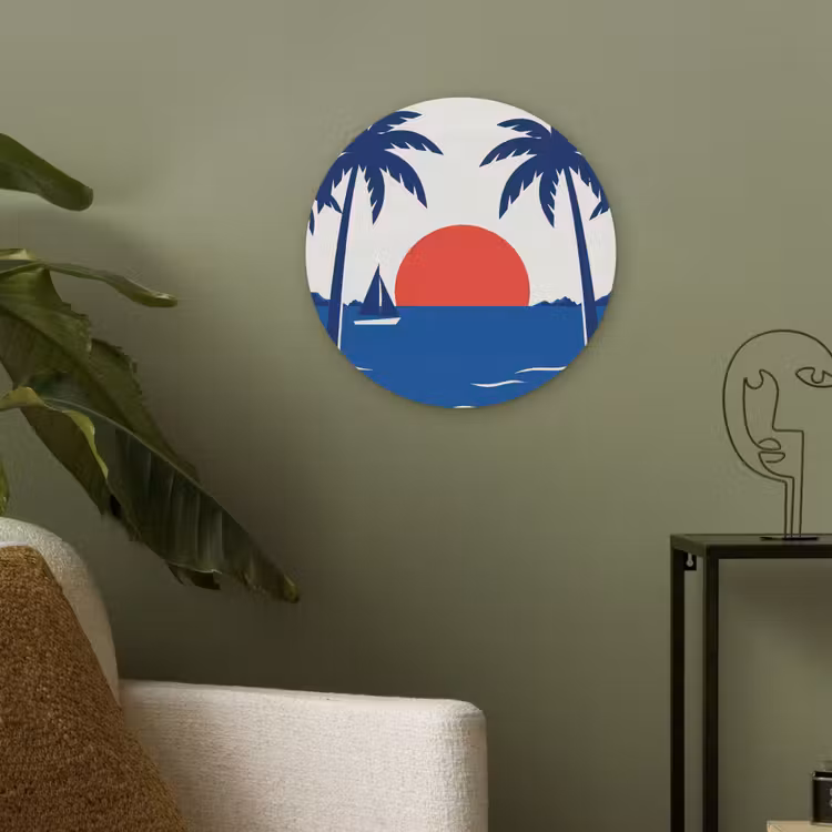 Zonsondergang - Zee - Palmboom - Tropisch - Modern Akoestische PET Vilt - Rond klein -sfeer2