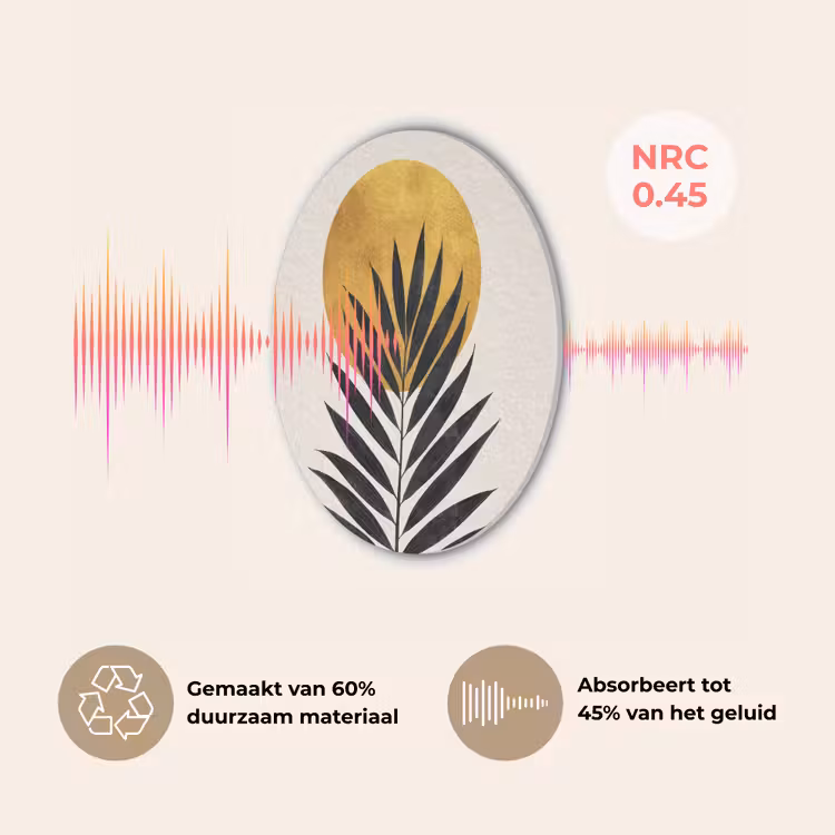 Zwart palmblad - Gouden cirkel - Beige achtergrond Akoestische PET Vilt - Rond klein -USP_NL