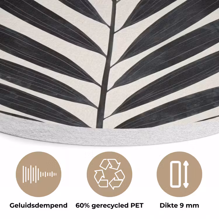 Zwart palmblad - Gouden cirkel - Beige achtergrond Akoestische PET Vilt - Rond klein -closeup_NL