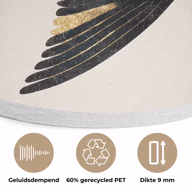 Zwarte zwaluw - Gouden accenten - Lichte achtergrond Akoestische PET Vilt - Rond klein -closeup_NL