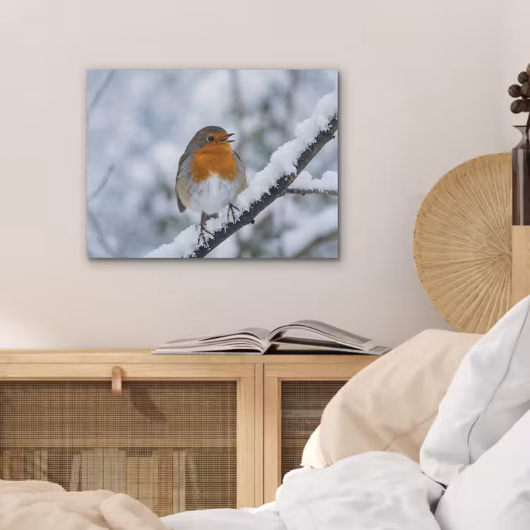 Roodborstje - Tak - Sneeuw - Winter - Levendig PET vilt klein -sfeer3