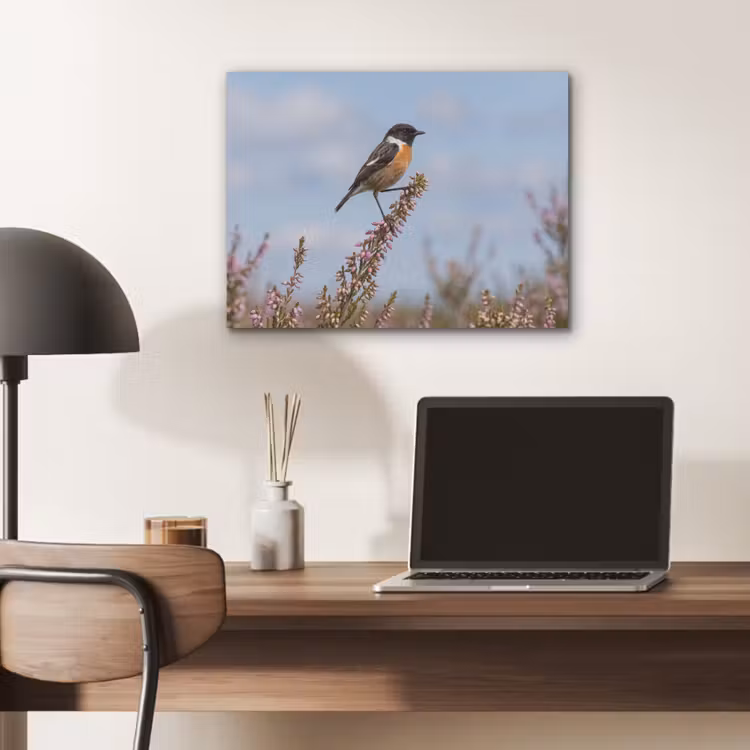 Roodborsttapuit - Heide - Paars - Natuur - Sfeervol PET vilt klein -sfeer5