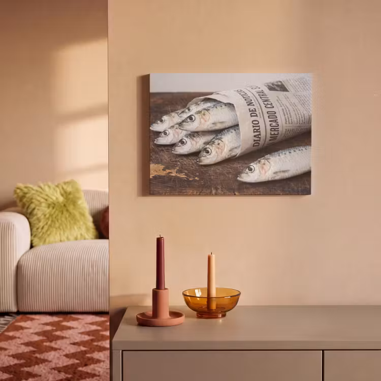 Akoestisch schilderij - Sardientje - krant - snijplank - Sardientje - krant - snijplank PET vilt klein