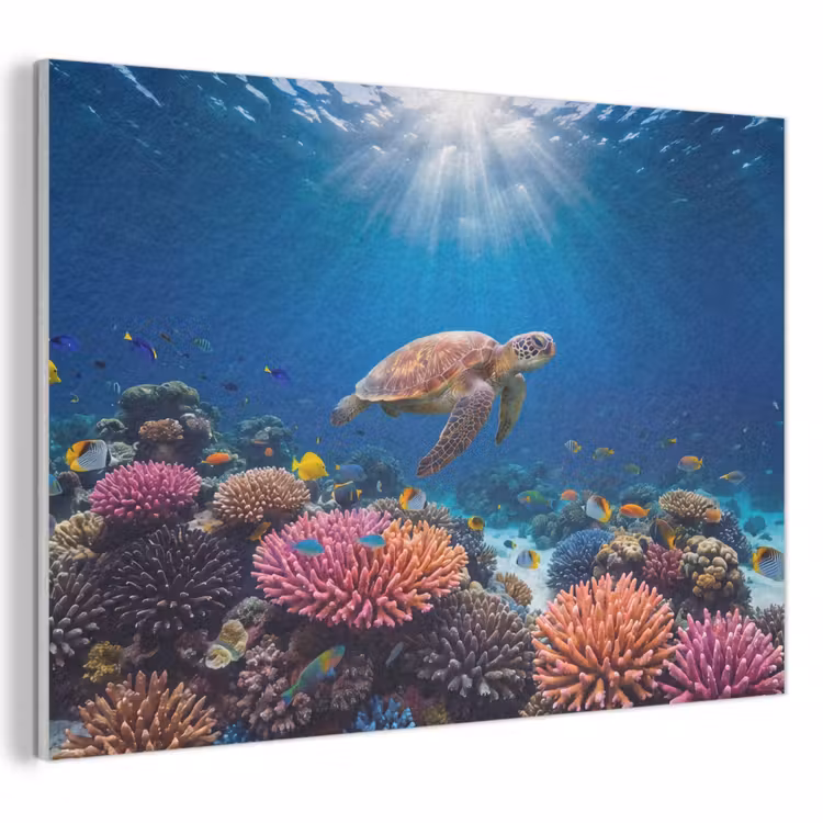 Schildpad - Koraalrif - Oceaan - Dieren - Blauw PET vilt klein -3d