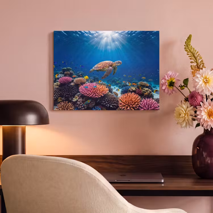 Schildpad - Koraalrif - Oceaan - Dieren - Blauw PET vilt klein -sfeer3
