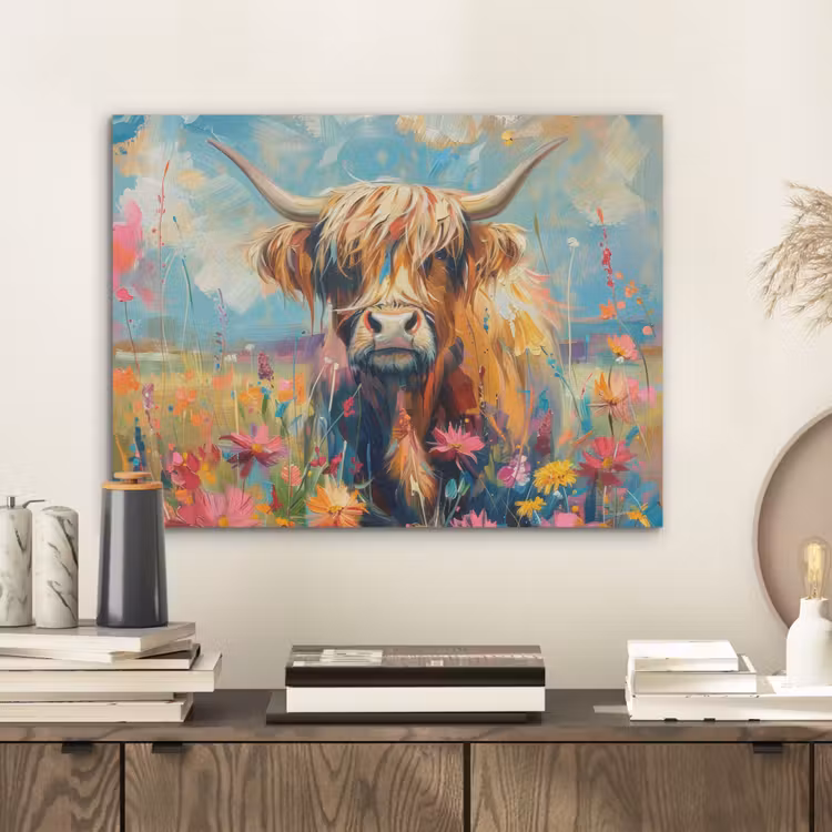 Schotse hooglander - Natuur - Kleurrijk - Bloemen PET vilt klein -sfeer1