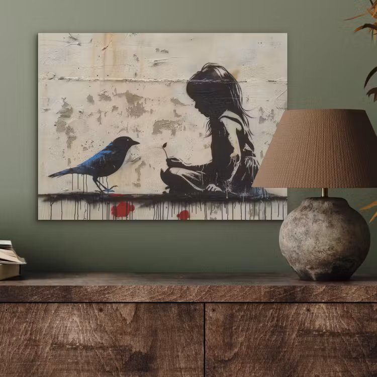 Street art - Meisje - Vogel - Graffiti - Banksy PET vilt klein -sfeer2