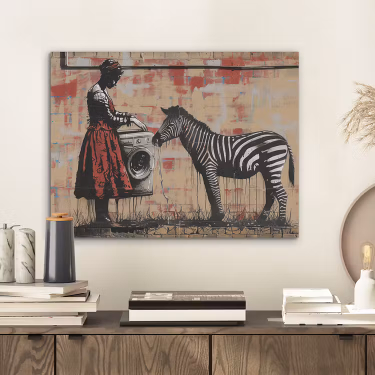Street art - Zebra - Vrouw - Dieren - Graffiti - Banksy PET vilt klein -sfeer1