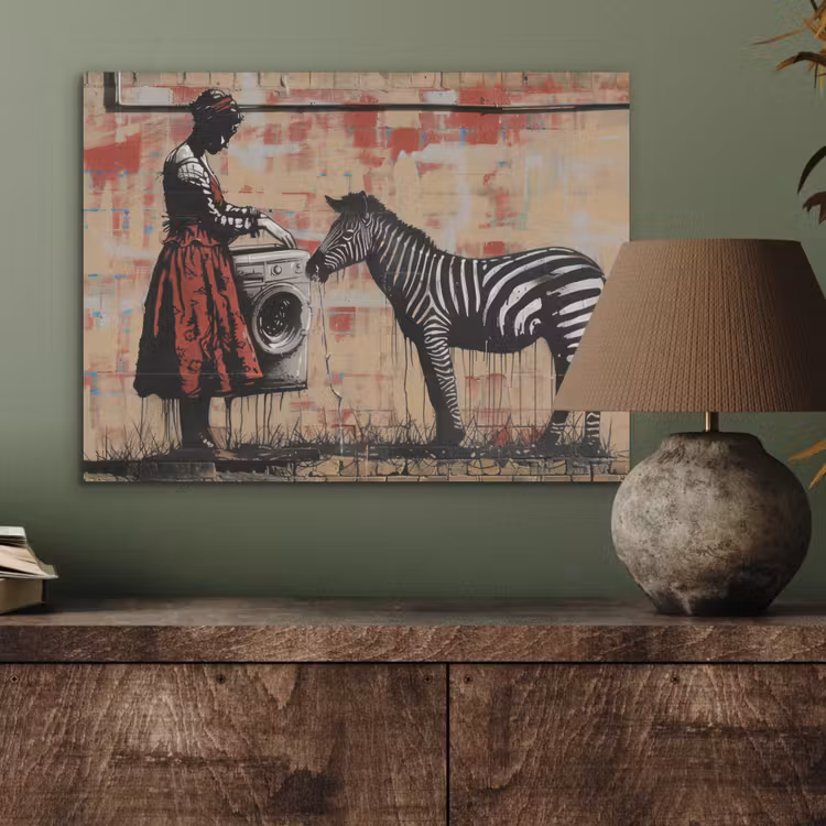 Street art - Zebra - Vrouw - Dieren - Graffiti - Banksy PET vilt klein -sfeer2