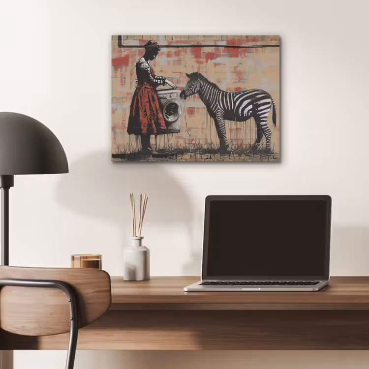 Street art - Zebra - Vrouw - Dieren - Graffiti - Banksy PET vilt klein -sfeer5