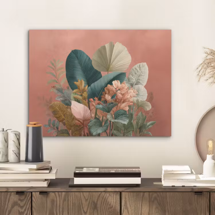 Tropische bladeren - Bloemen - Roze - groen PET vilt klein -sfeer1