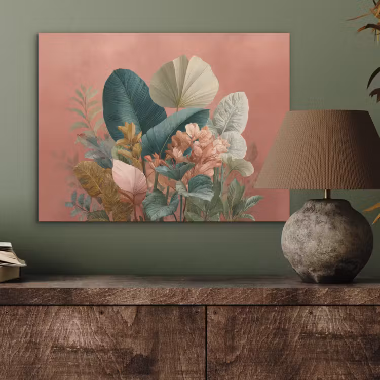 Tropische bladeren - Bloemen - Roze - groen PET vilt klein -sfeer2