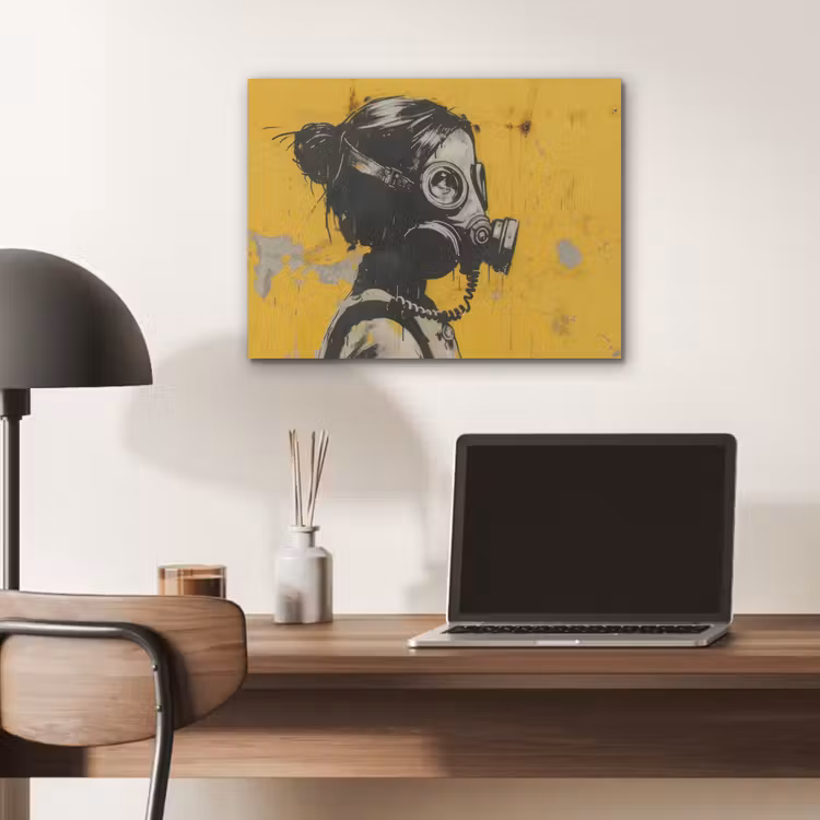 Vintage - Street art - Meisje - Masker - Geel - Banksy PET vilt klein -sfeer5