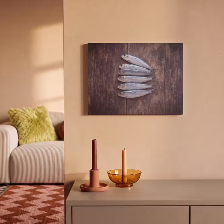 Akoestisch schilderij - Vis - Hout - Eten - Vis - Hout - Eten PET vilt klein
