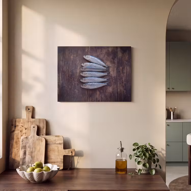 Akoestisch schilderij - Vis - Hout - Eten - Vis - Hout - Eten PET vilt klein