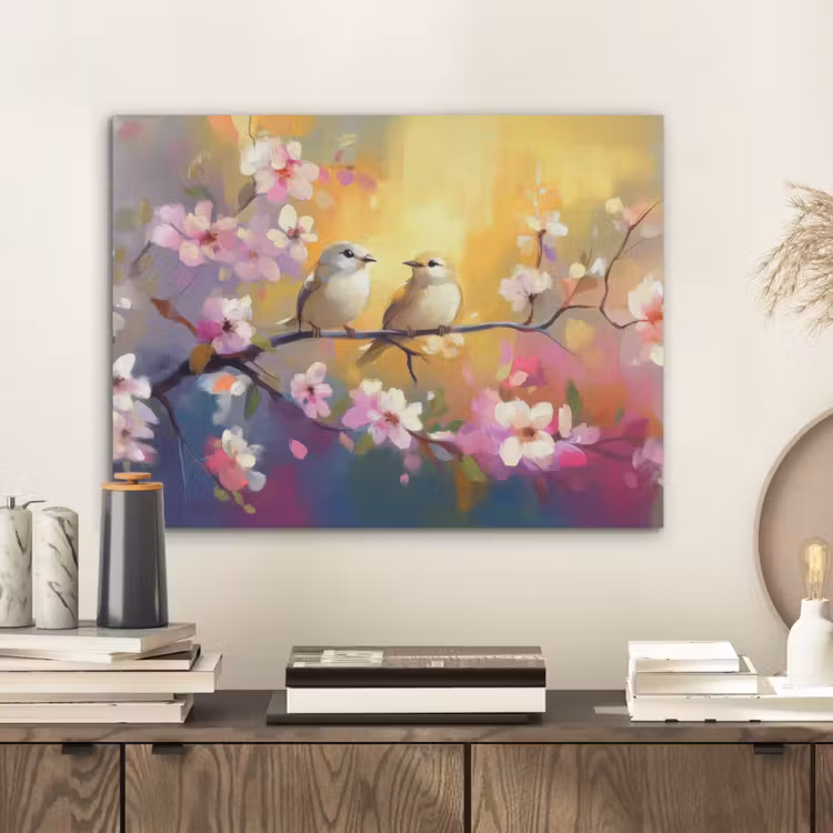 Vogels - Bloemen - Roze PET vilt klein -sfeer1