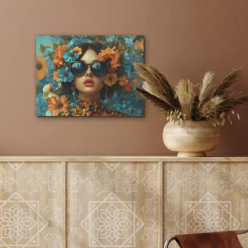Vrouw - Bloemen - Oranje - Blauw - Modern PET vilt klein -sfeer4