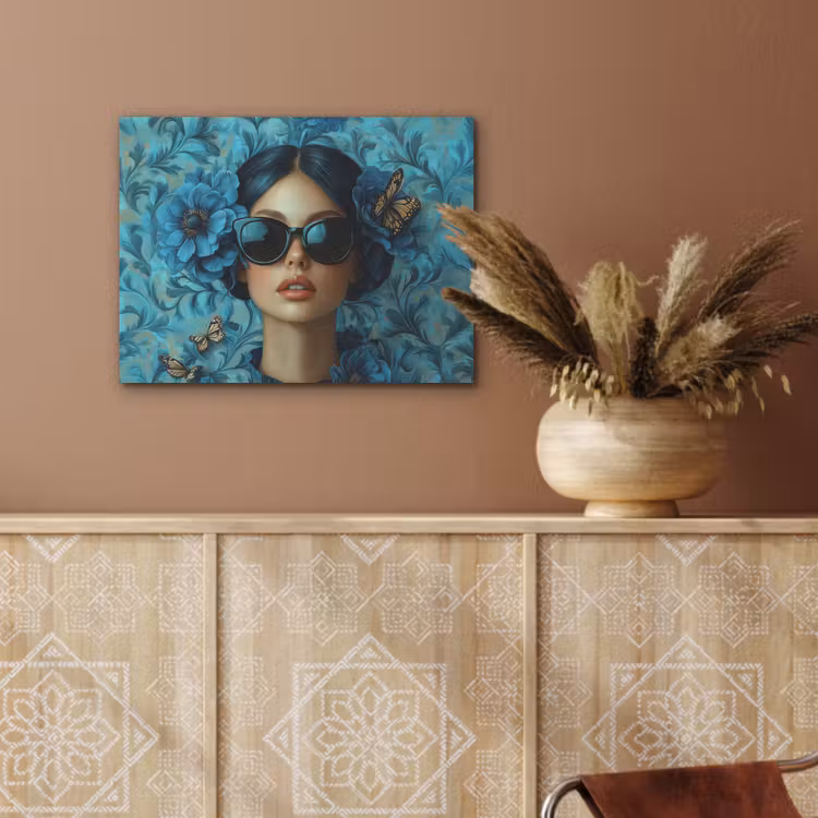 Vrouw - Bloemen - Vlinders - Blauw - Abstract PET vilt klein -sfeer4