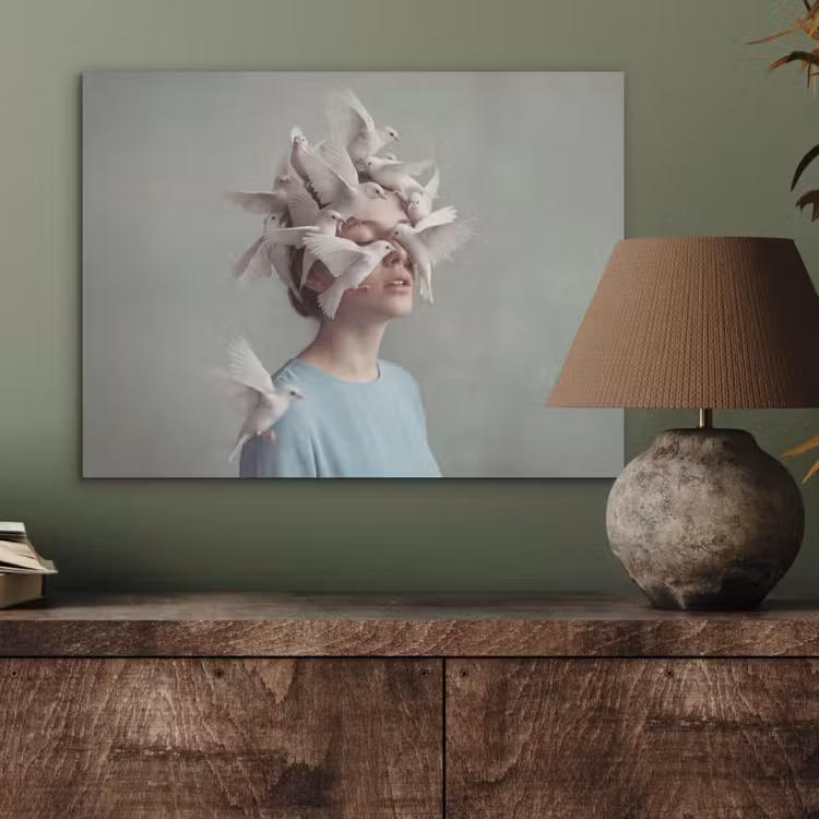 Vrouw - Vogels - Abstract - Modern - Wit PET vilt klein -sfeer2