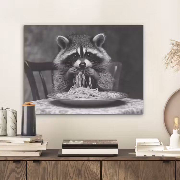 Wasbeer - Cute - Pasta - Tafelkleed - Zwart - Wit PET vilt klein -sfeer1