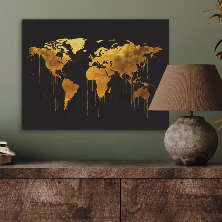 Wereldkaart - Goud - Druipen - Zwart PET vilt klein -sfeer2