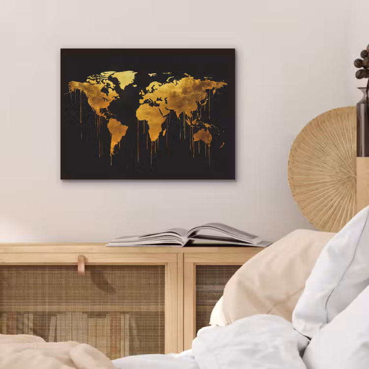 Wereldkaart - Goud - Druipen - Zwart PET vilt klein -sfeer3